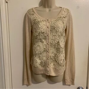 Vtg A'Reve Cream Taupe Lace Front Button Cardigan Sweater sheer mesh sequins S